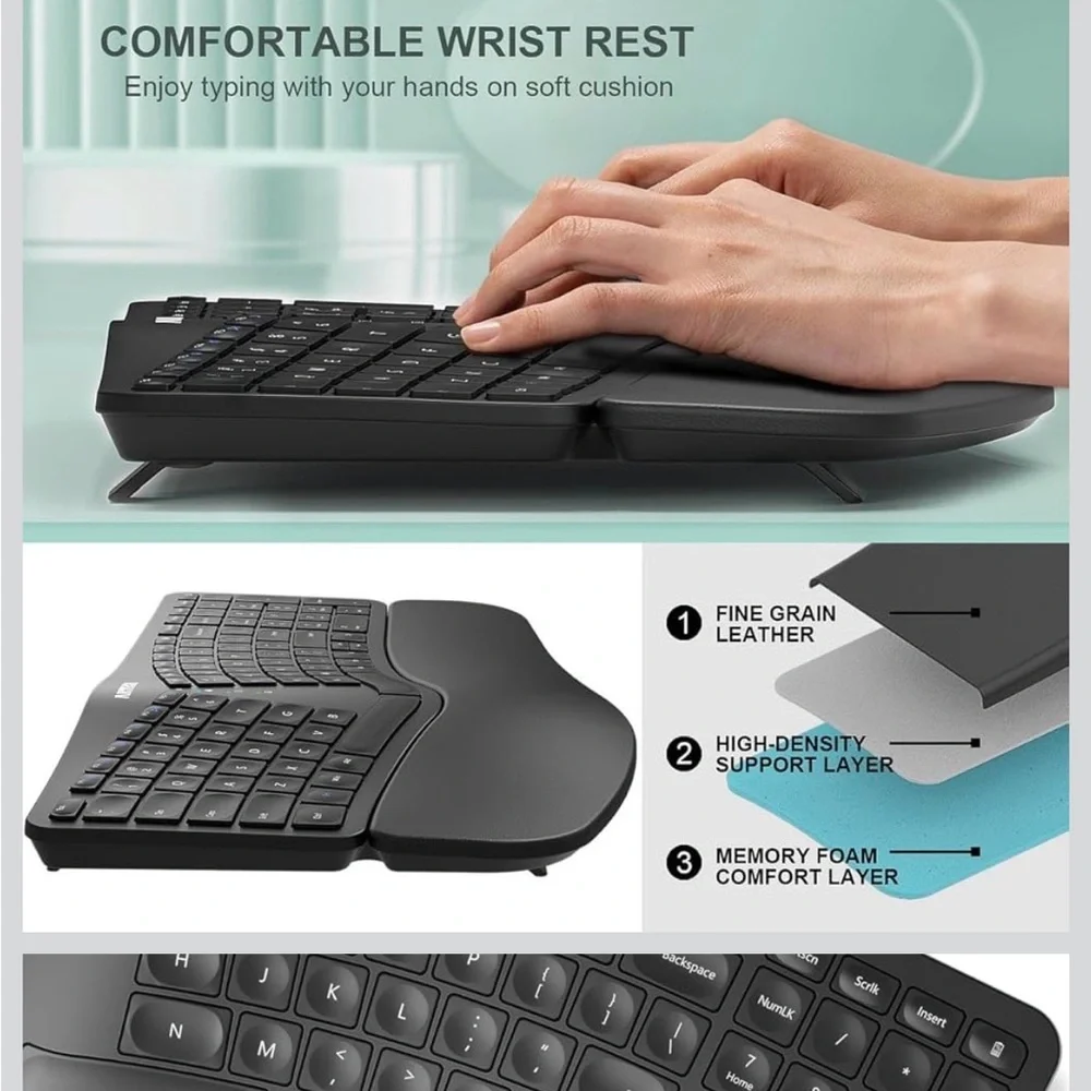 Ergonomic Wireless Keyboard with Wrist Rest